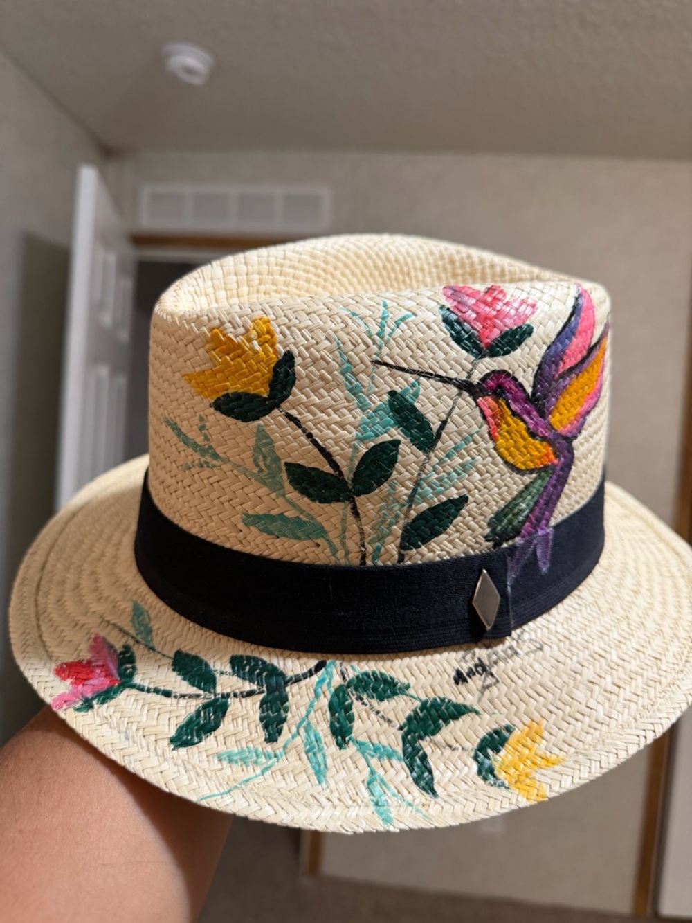 Embroidered Straw Panama Hat with Hummingbird & Floral Design